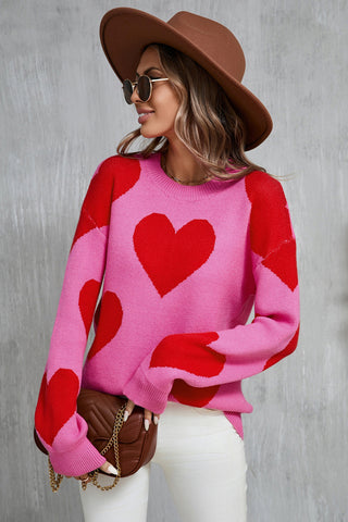 Contrast Heart Dropped Shoulder Long Sleeve Sweater