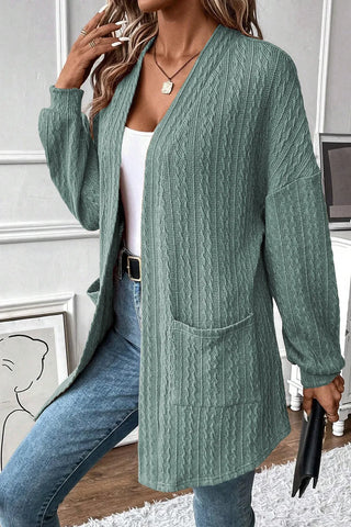 Textured Pocketed Open Front Long Sleeve Cover Up