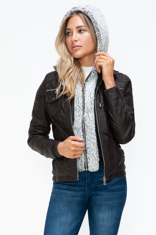 PMI Removable Faux Layered Multi-Pocket Jacket with Fuzzy Hood