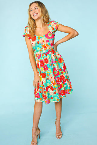 Floral Square Neck Short Sleeve Dress