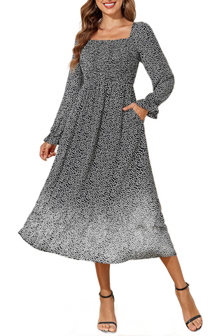 Printed Square Neck Long Sleeve Midi Dress