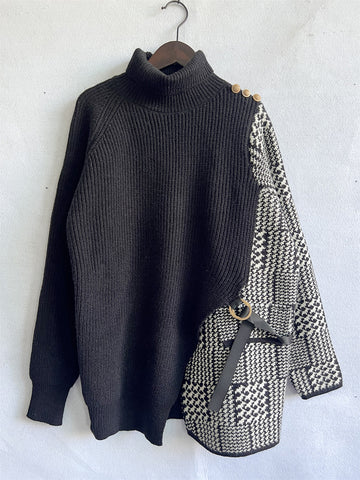 Hounds tooth Turtleneck Long Sleeve Slit Sweater