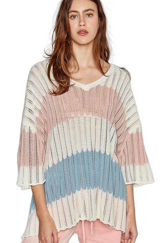 V-Neck Short Sleeve Stripe Weave Sweater