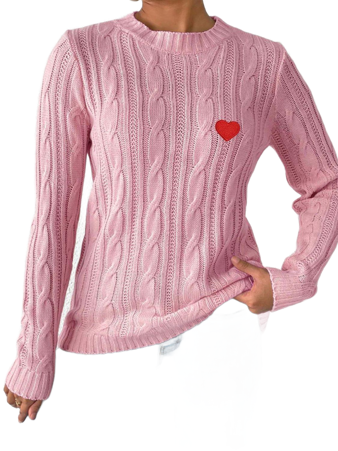 Cable-Knit Heart Round Neck Long Sleeve Sweater