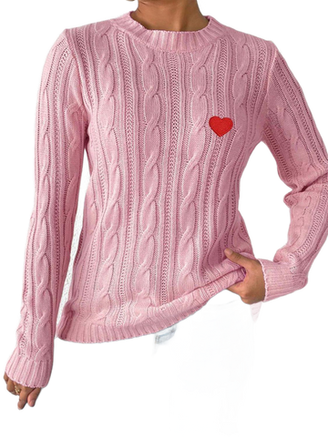 Cable-Knit Heart Round Neck Long Sleeve Sweater