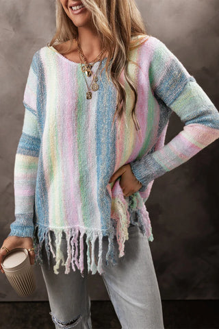 Fringe Color Block Round Neck Sweater