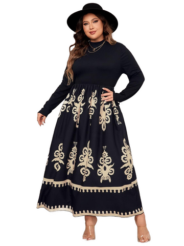 Plus Size Printed Mock Neck Long Sleeve Dress