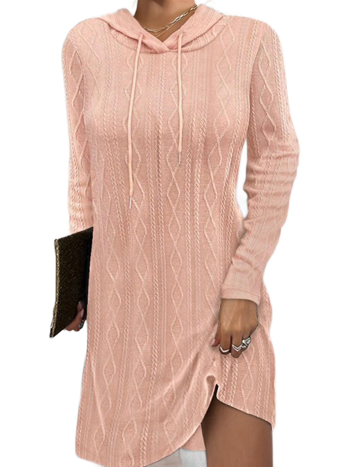 Textured Drawstring Long Sleeve Hooded Dress