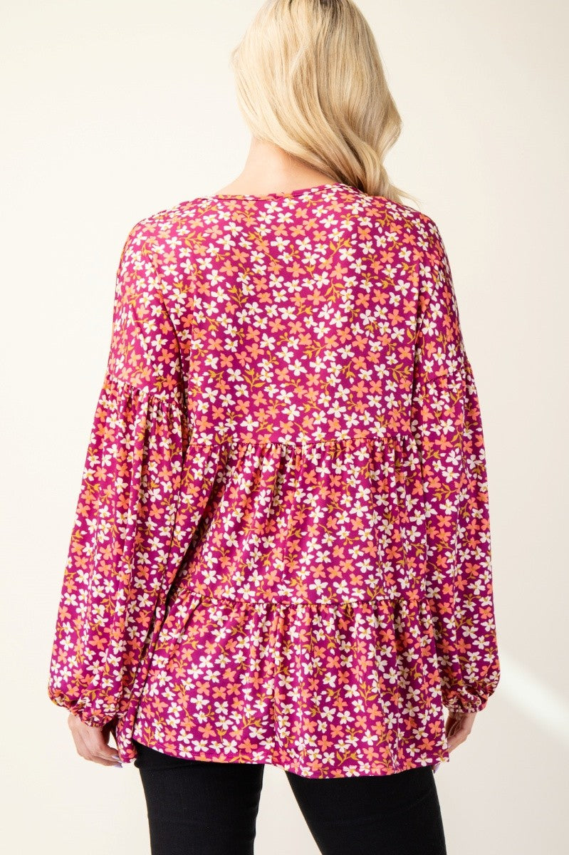 Celeste Full Size Floral V-Neck Balloon Sleeve Blouse