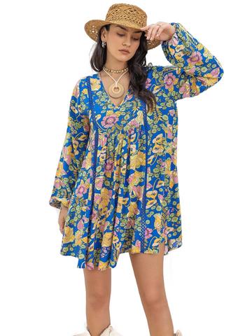 Printed V-Neck Balloon Sleeve Mini Dress