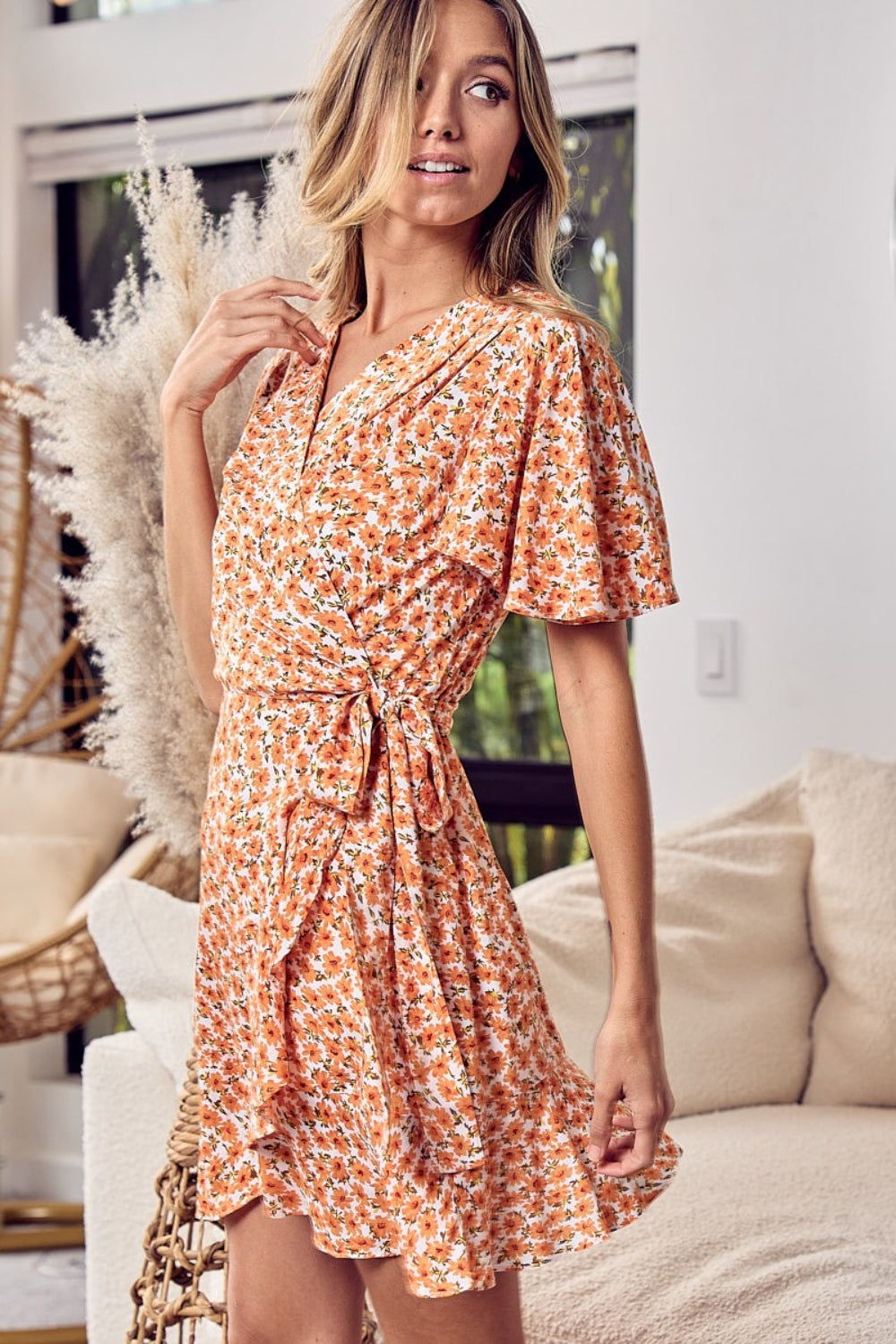 Floral Tied Short Sleeve Mini Wrap Dress