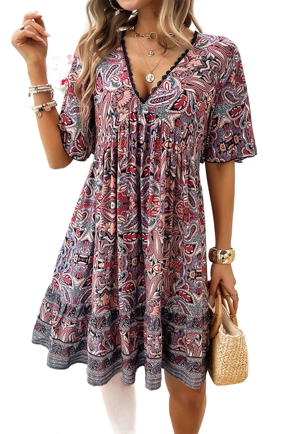 Printed V-Neck Half Sleeve Mini Dress