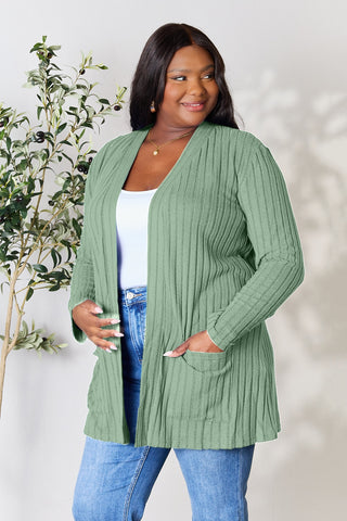 Full Size Ribbed Open Front Cardigan with Pockets