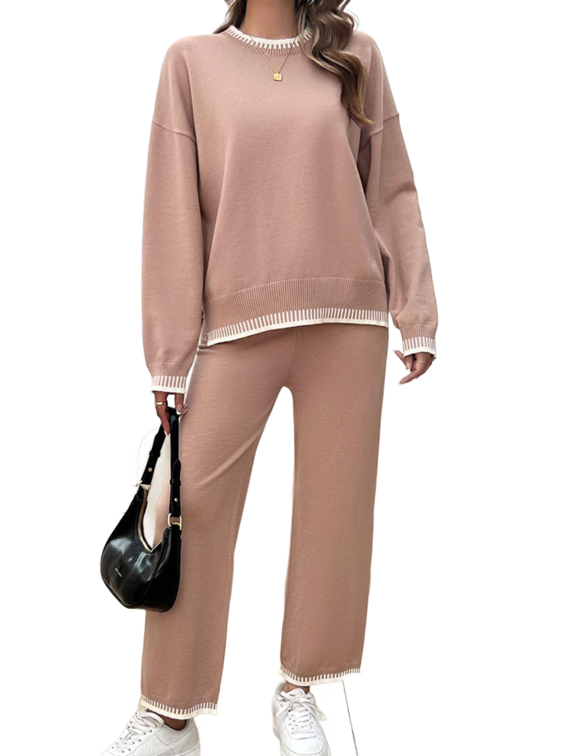 Round Neck Dropped Shoulder Top and Pants Sweater Set