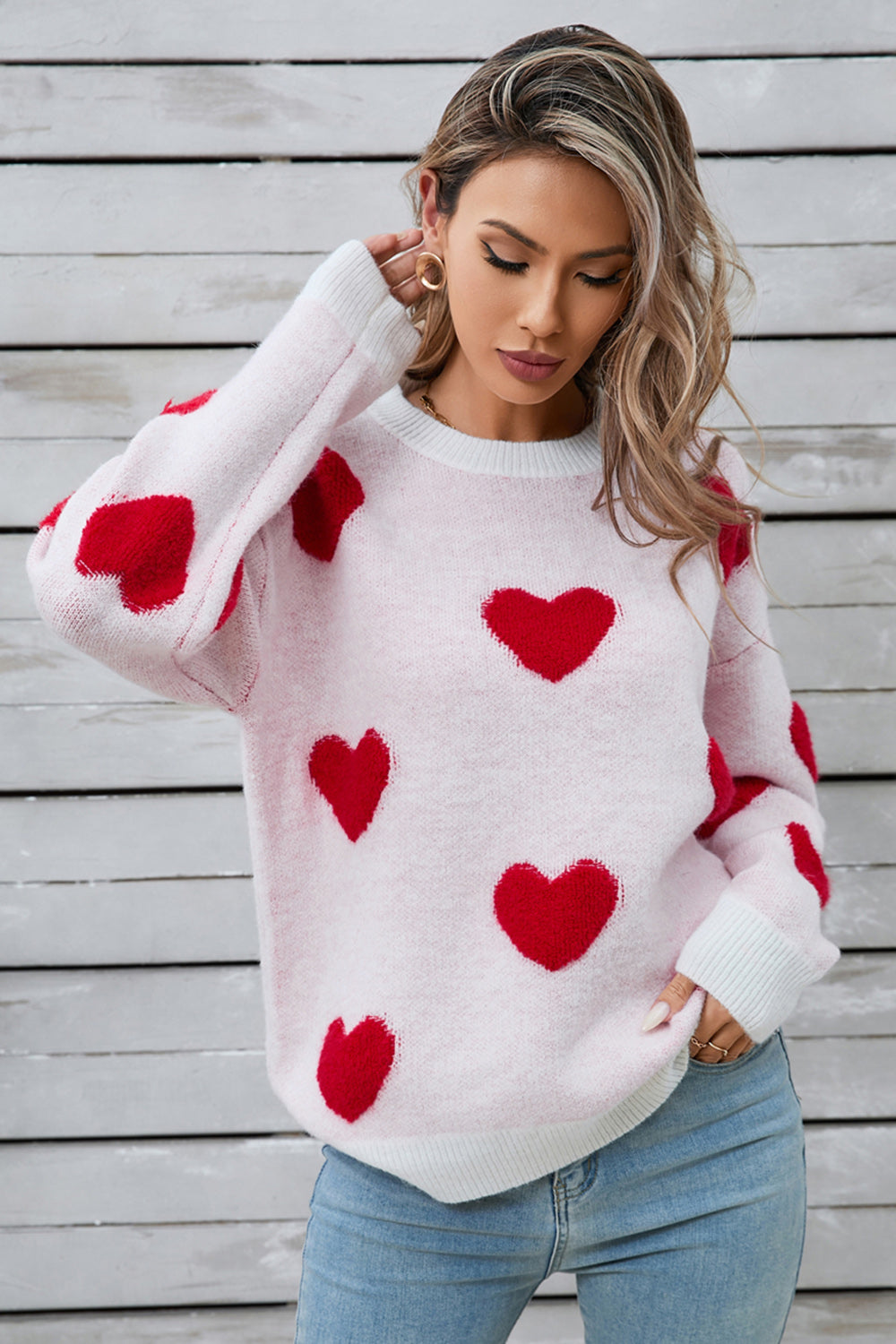 Heart Round Neck Long Sleeve Sweater