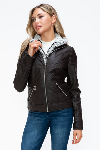 MI Faux Layered Double-Zipper Jacket with Fuzzy Hood