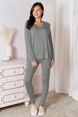 Full Size V-Neck Long Sleeve Top and Pants Lounge Set