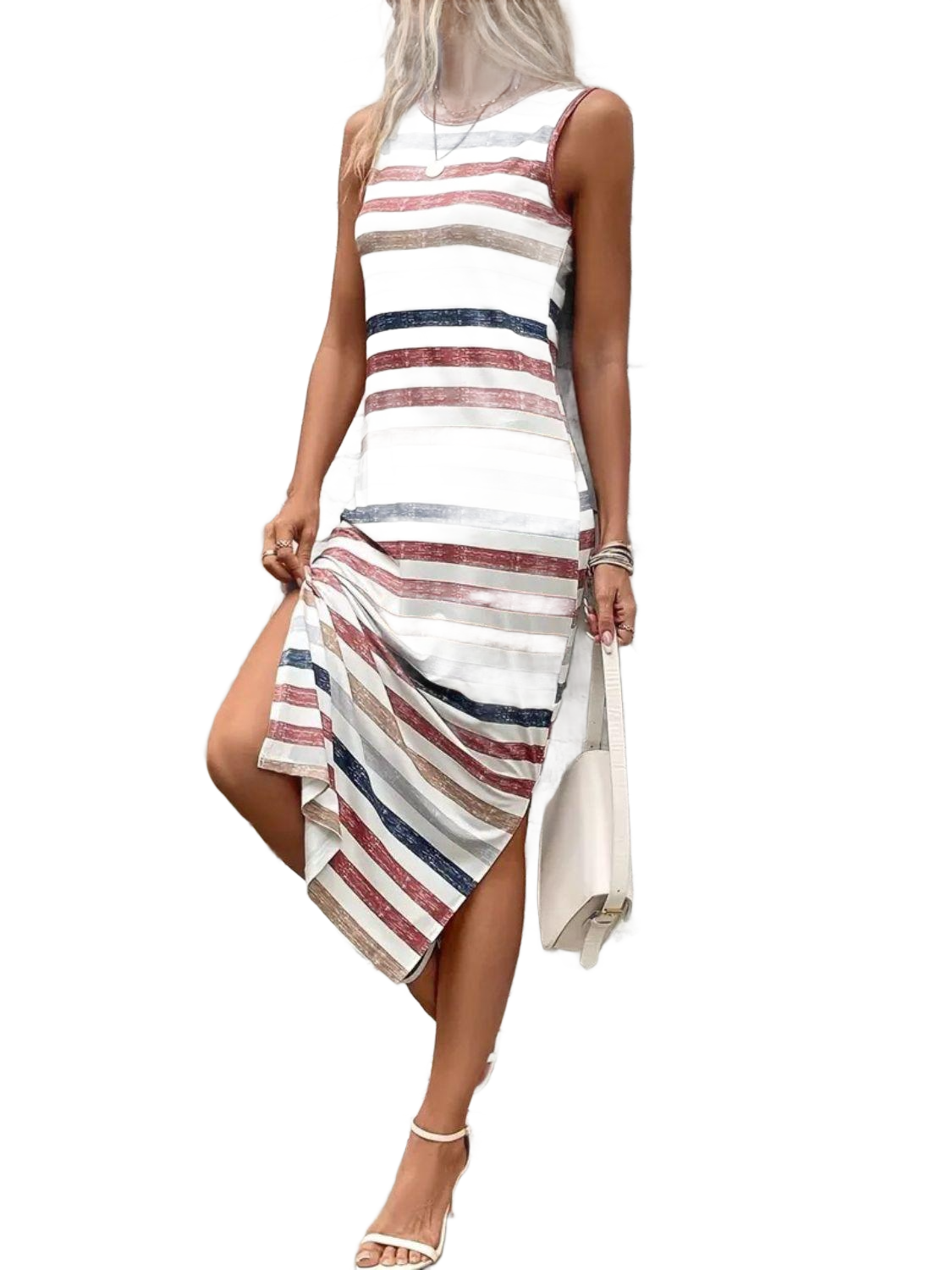 Slit Printed Round Neck Sleeveless Dress