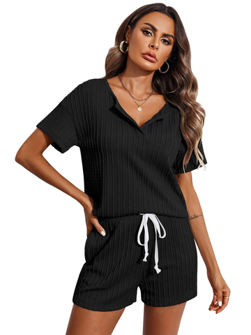 Notched Short Sleeve Top and Shorts Set