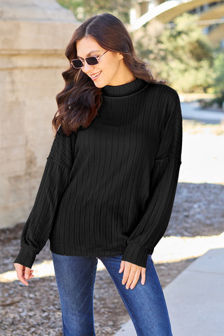 Full Size Ribbed Exposed Seam Mock Neck Knit Top