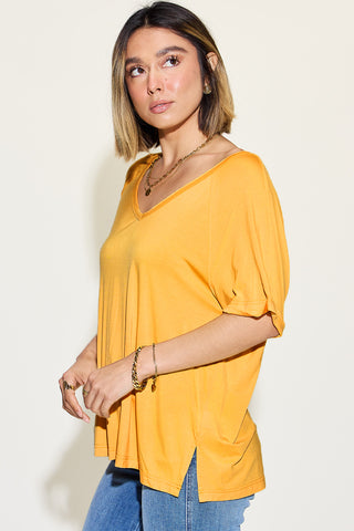 Full Size Slit V-Neck Short Sleeve T-Shirt