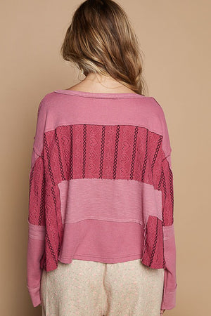 POL Half Button Color Block Drop Shoulder Knit Top