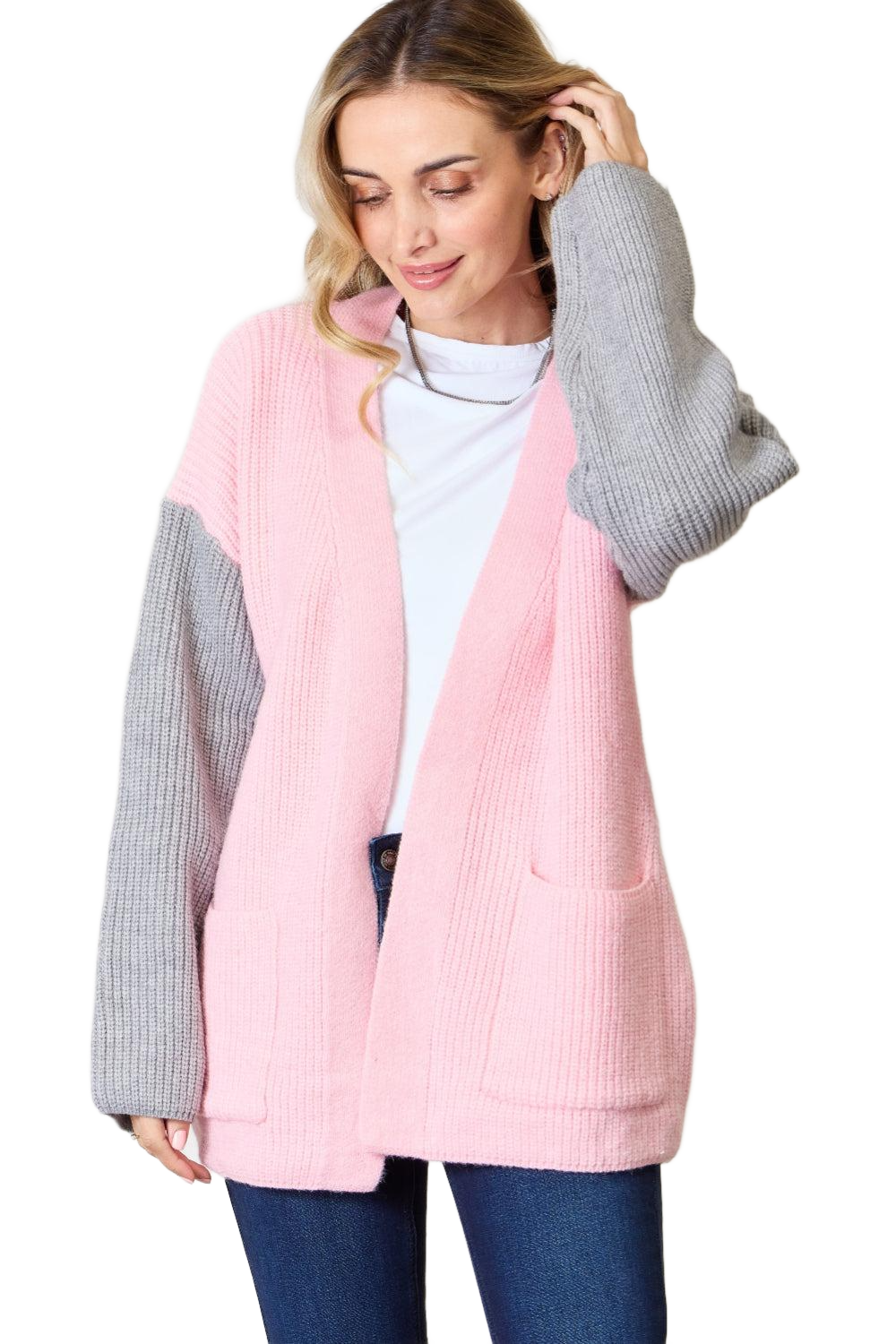 Contrast Open Front Cardigan with Pockets