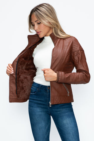 MI Faux Layered Double-Zipper Jacket with Fuzzy Hood