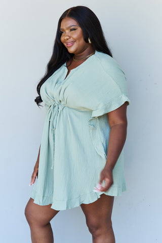 Full Size Ruffle Hem Dress with Drawstring Waistband in Light Sage