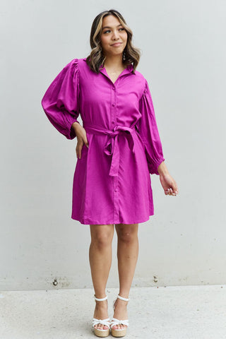 Full Size Half Sleeve Belted Mini Dress in Magenta