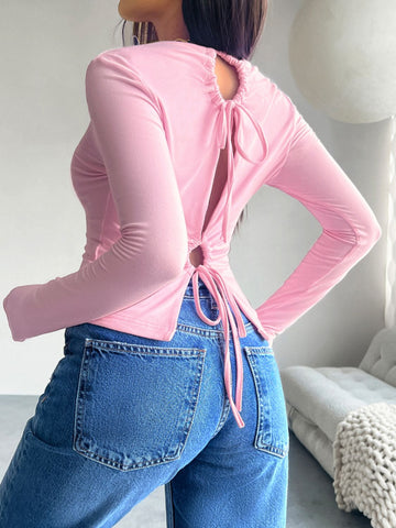 Drawstring Round Neck Long Sleeve T-Shirt