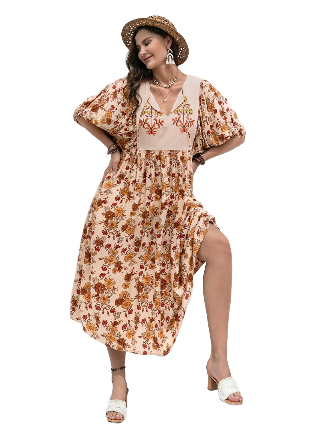 Plus Size Printed Tie Neck Half Sleeve Midi Dress