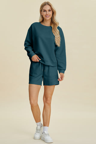 Full Size Texture Round Neck Long Sleeve Top and Shorts Set