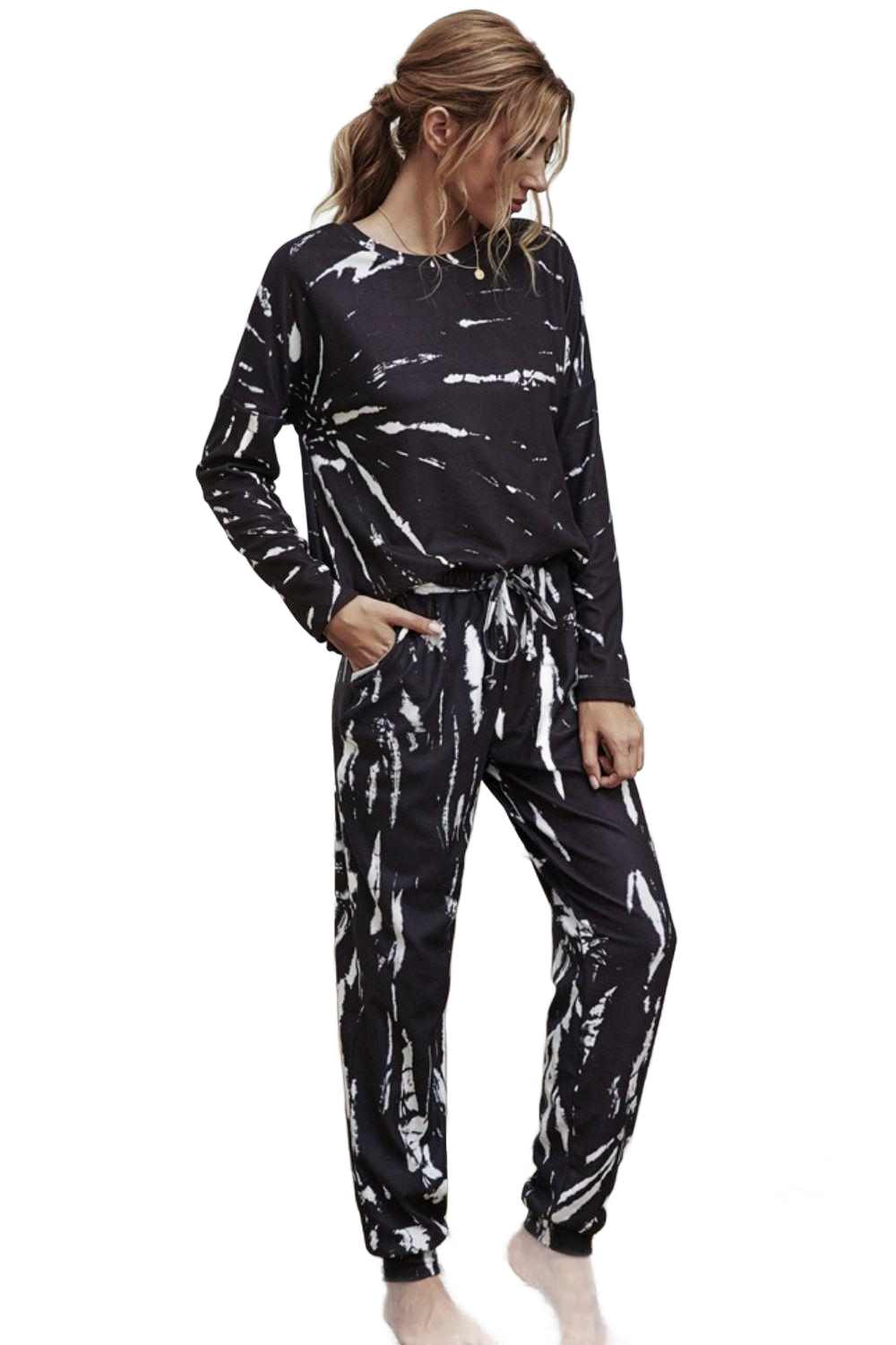 Tie-Dye Round Neck Top and Drawstring Waist Joggers Lounge Set