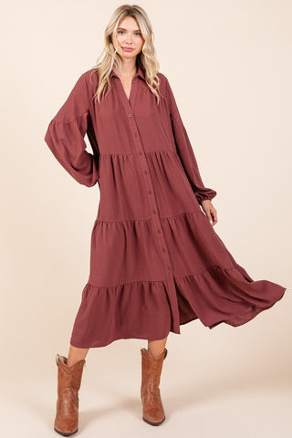 Photoshop Tiered Button Down Long Sleeve Midi Dress