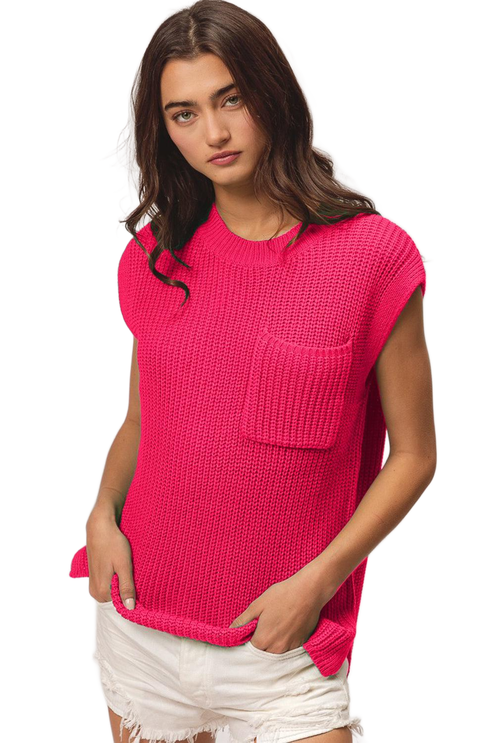 Patch Pocket Cap Sleeve Sweater Top