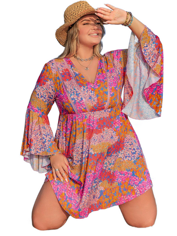 Plus Size Ruched Printed Long Sleeve Dress