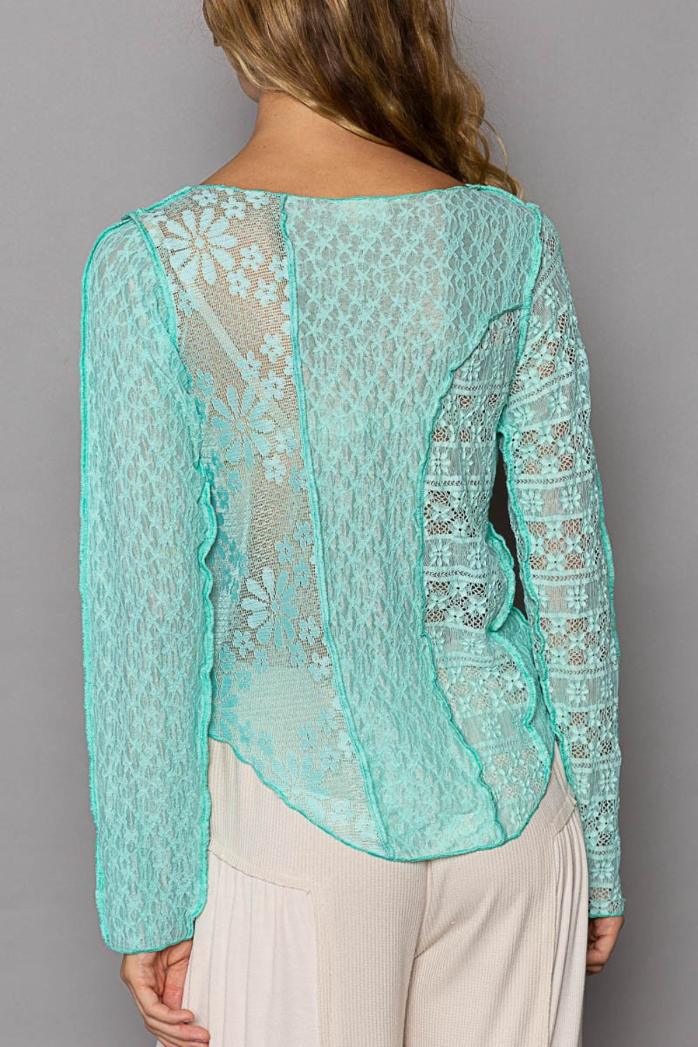 Exposed Seam Long Sleeve Lace Knit Top