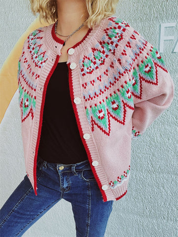 Contrast Geometric Round Neck Long Sleeve Cardigan