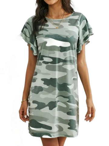 Camouflage Round Neck Short Sleeve Mini Dress