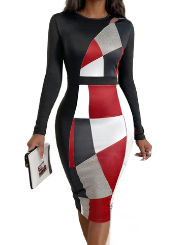 Cutout Color Block Round Neck Long Sleeve Dress