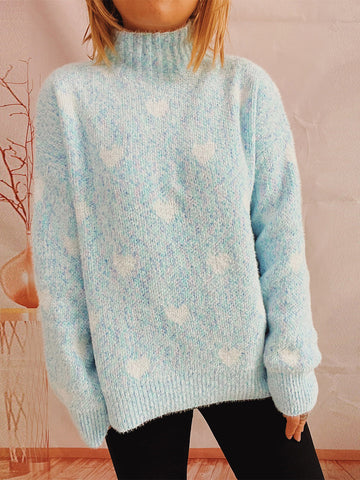 Heart Feathered Turtleneck Drop Shoulder Sweater