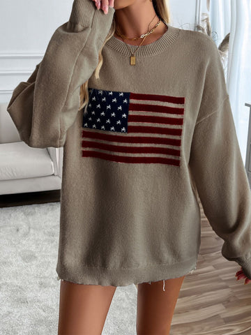 US Flag Round Neck Long Sleeve Knit Top