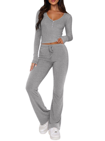 V-Neck Long Sleeve Top and Pants Set