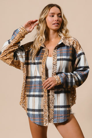 B Ibi Curved Hem Sequin Plaid Button Up Shocket