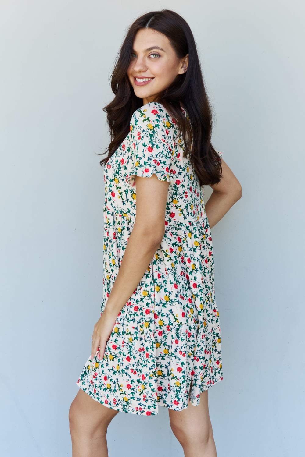 Full Size V-Neck Ruffle Sleeve Floral Dress