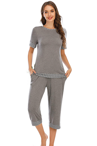 Round Neck Short Sleeve Top and Capris Pants Lounge Set