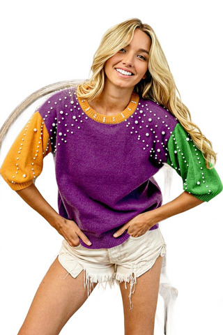 Color Block Pearl Detail Round Neck Sweater