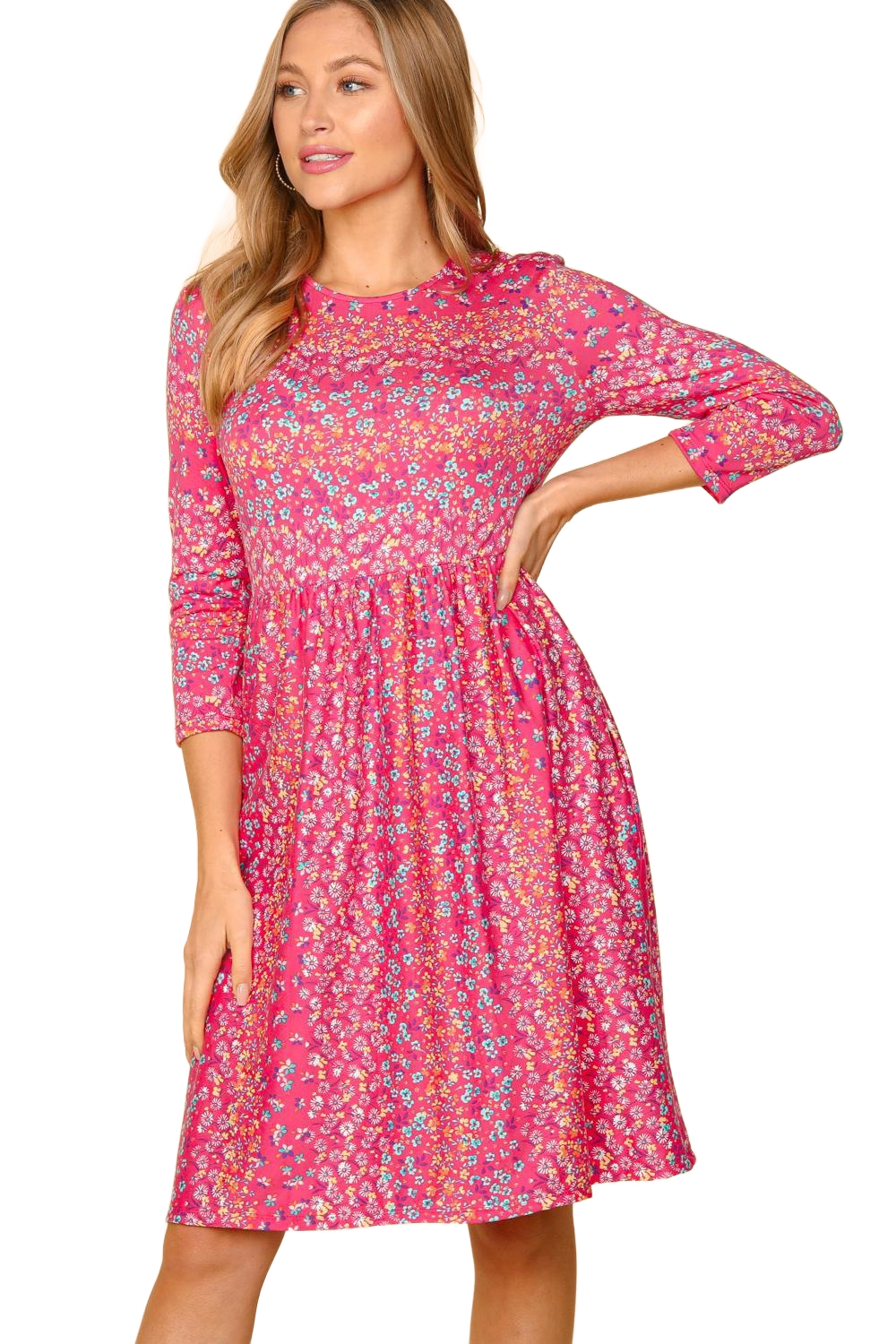 Round Neck Floral Dress with Pockets