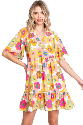 Full Size Floral V-Neck Ruffle Trim Mini Dress